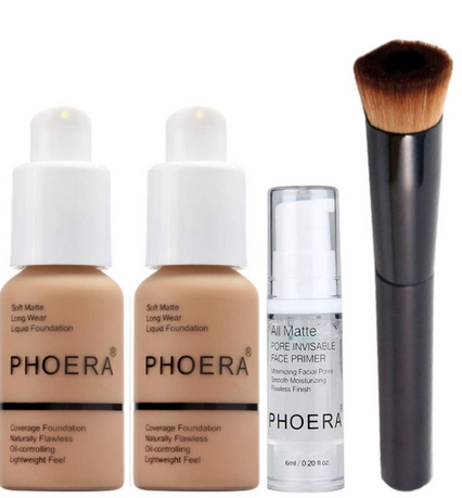 Phoera Full Coverage Makeup Set – 2x Sand Matte Foundations, Primer & Foundation Brush