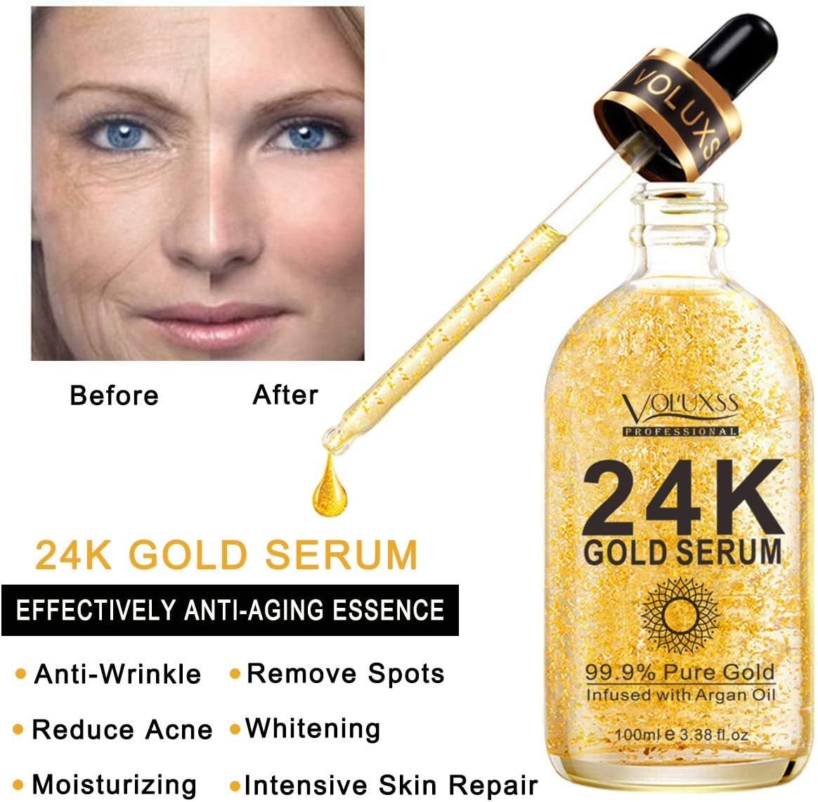 Pure 24K Gold Face Serum – Anti-Aging, Hydrating with Hyaluronic Acid & Argan Oil