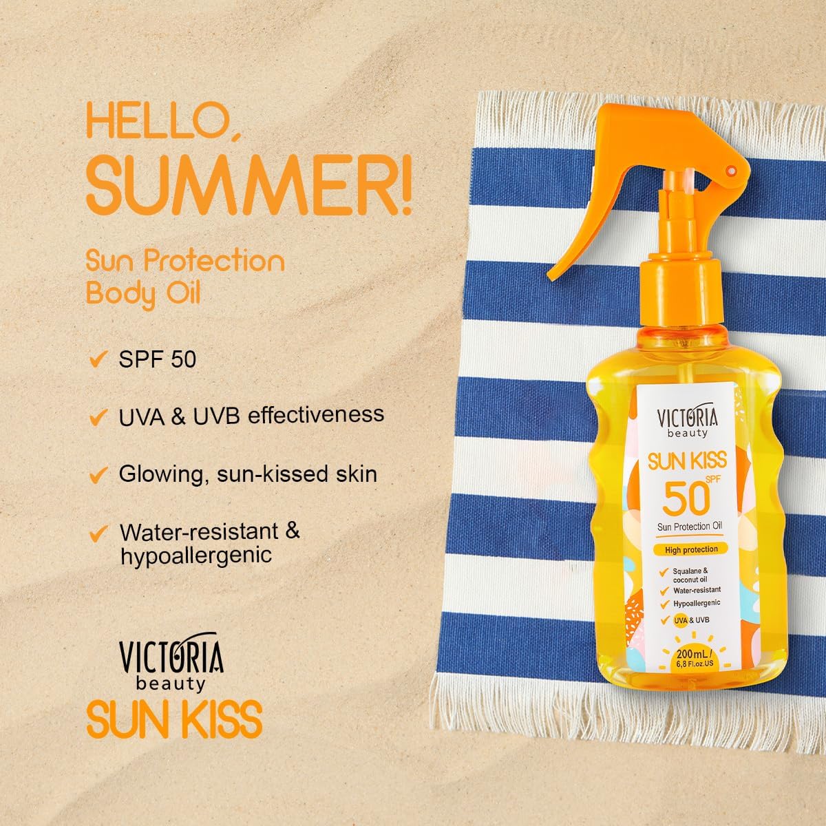 Sun Kiss SPF 50 Mist – Water-Resistant, Fast-Absorbing Sunscreen Spray with Squalane & Coconut Oil (200ml)