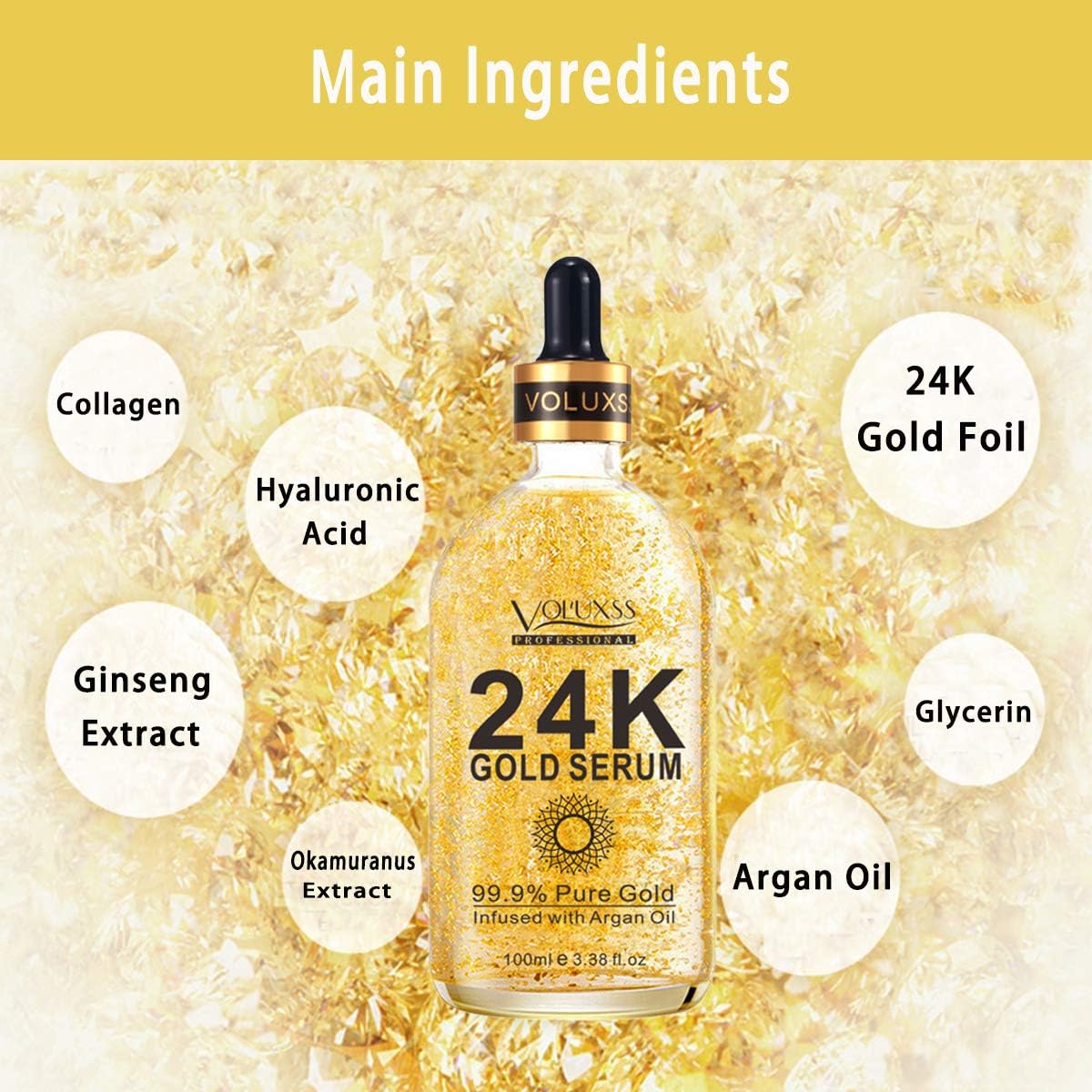 Pure 24K Gold Face Serum – Anti-Aging, Hydrating with Hyaluronic Acid & Argan Oil