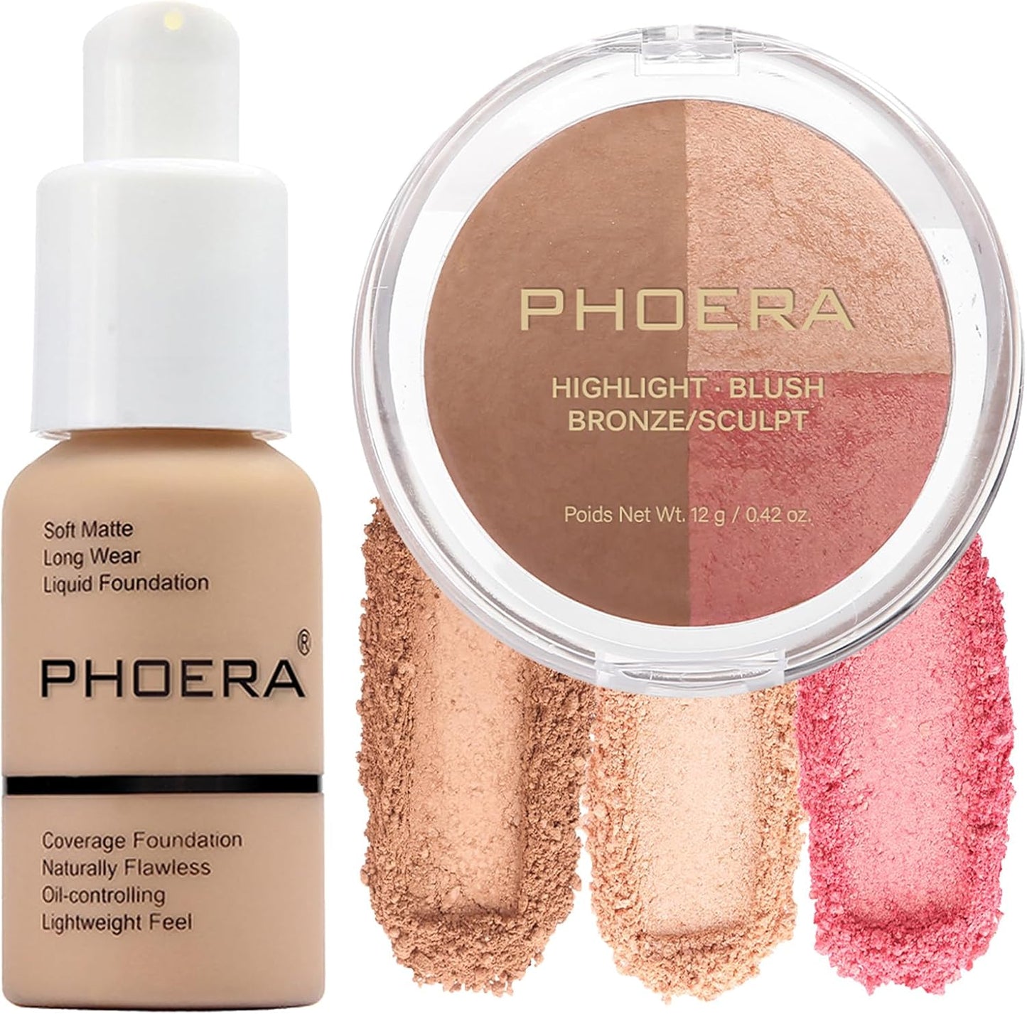 PHOERA Foundation & Contour Palette – Includes Foundation, Highlighter, Bronzer & Blush (104 + #002 Buff Beige)