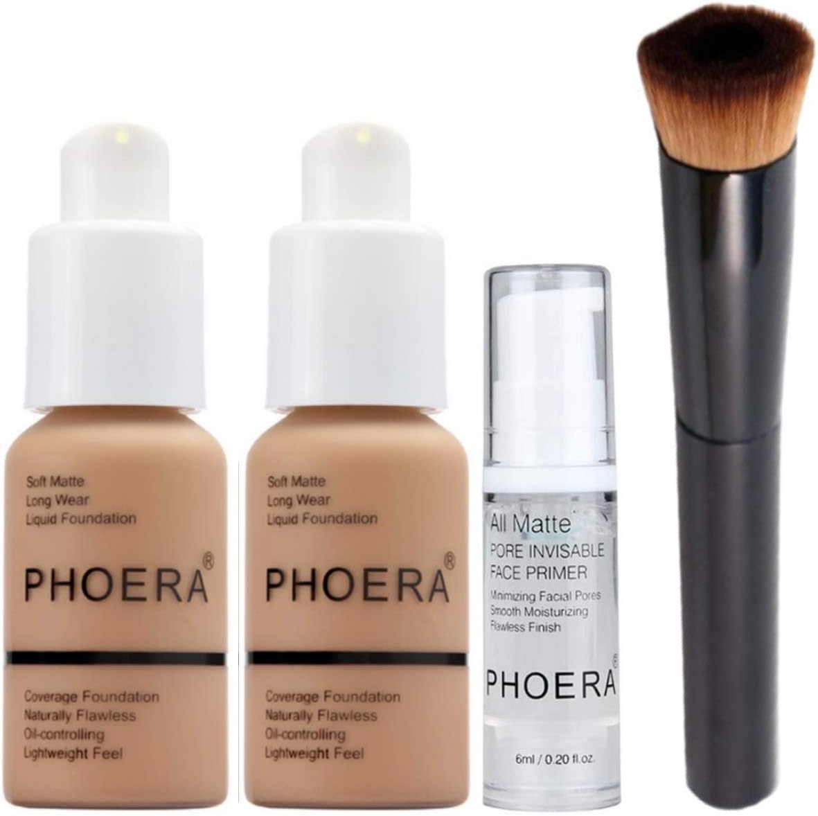 Phoera Full Coverage Makeup Set – 2x Sand Matte Foundations, Primer & Foundation Brush