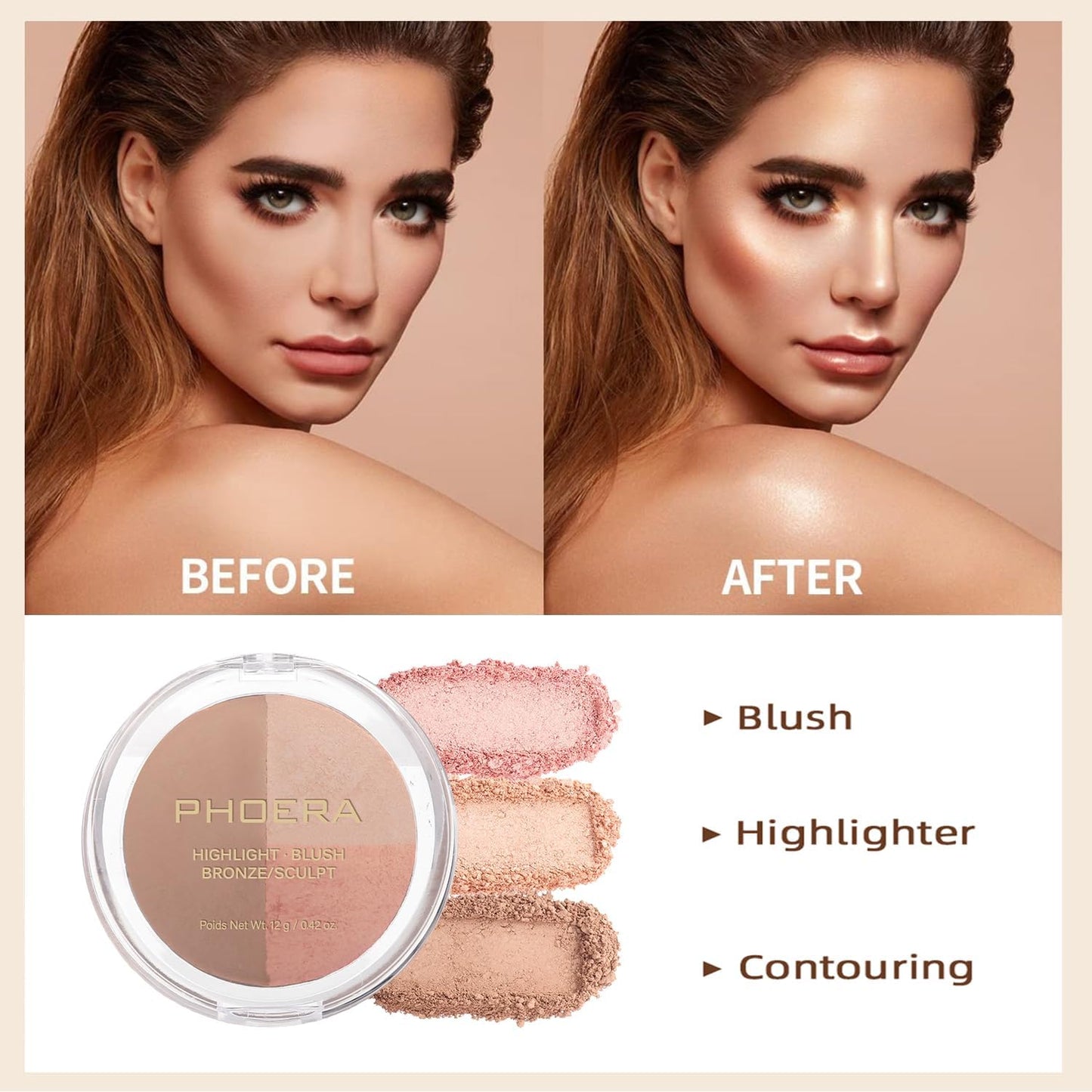 PHOERA Foundation & Contour Palette – Includes Foundation, Highlighter, Bronzer & Blush (104 + #002 Buff Beige)