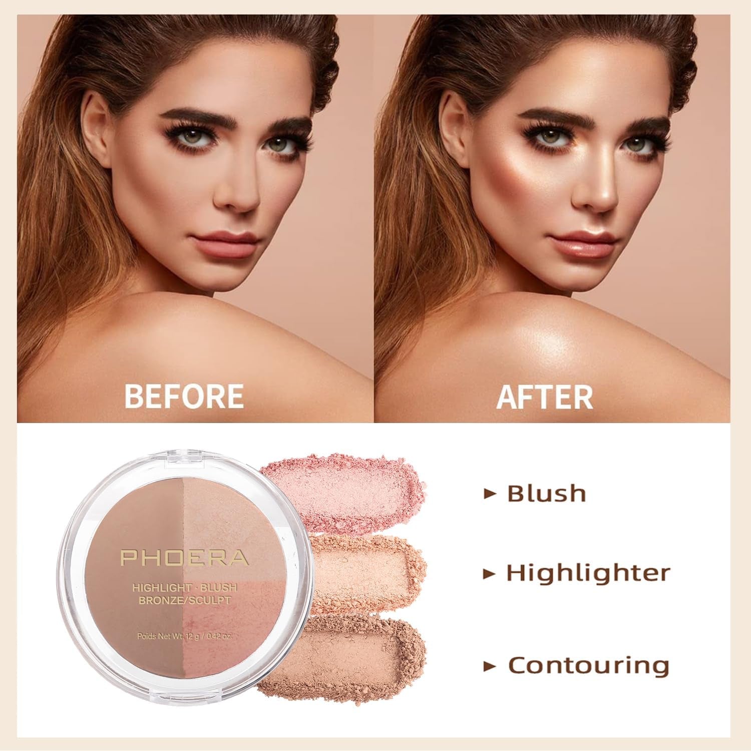 PHOERA Foundation & Contour Palette – Includes Foundation, Highlighter, Bronzer & Blush (104 + #002 Buff Beige)