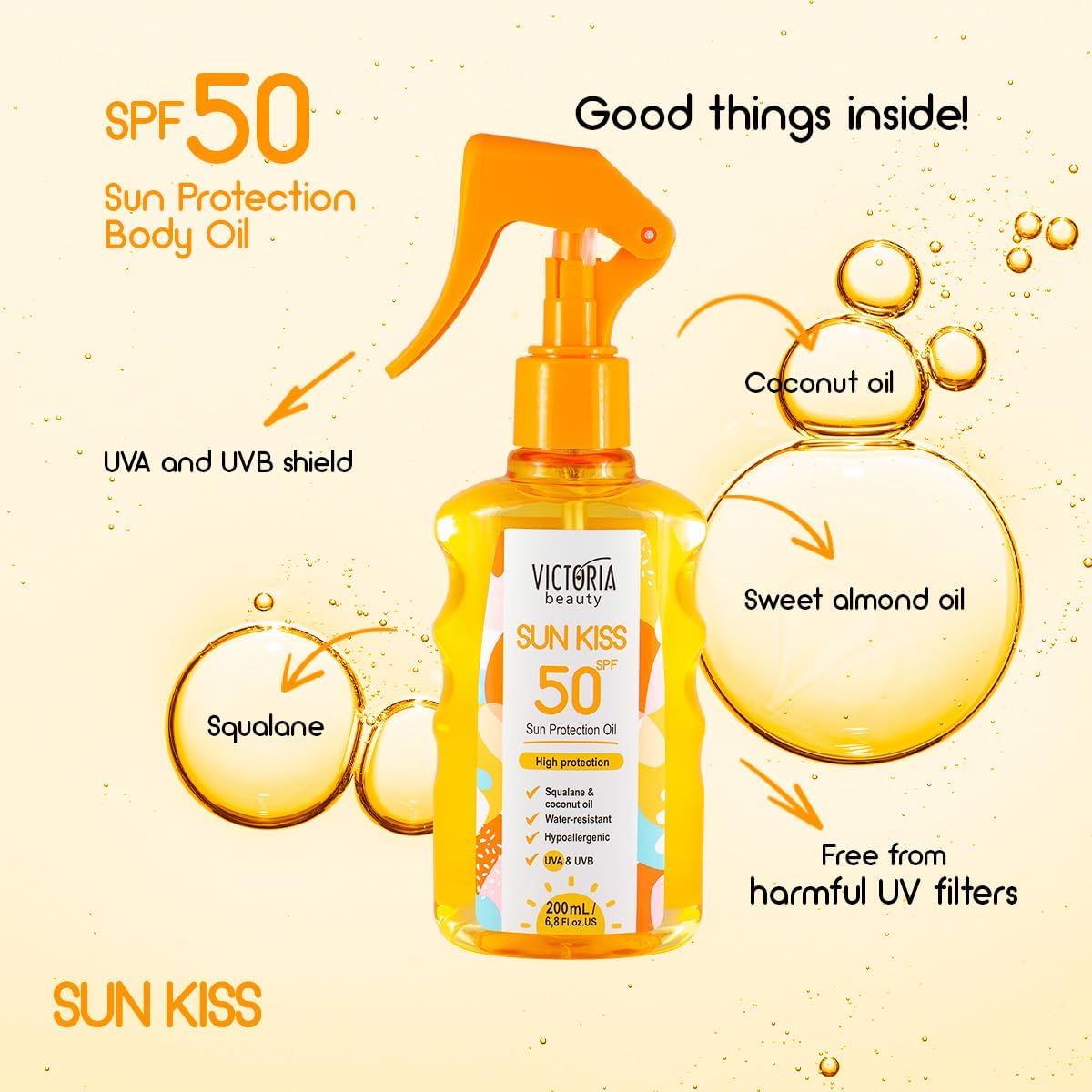 Sun Kiss SPF 50 Mist – Water-Resistant, Fast-Absorbing Sunscreen Spray with Squalane & Coconut Oil (200ml)