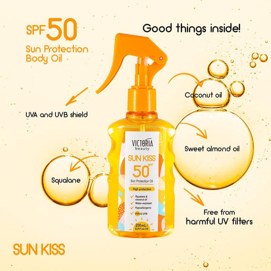Sun Kiss SPF 50 Mist – Water-Resistant, Fast-Absorbing Sunscreen Spray with Squalane & Coconut Oil (200ml)