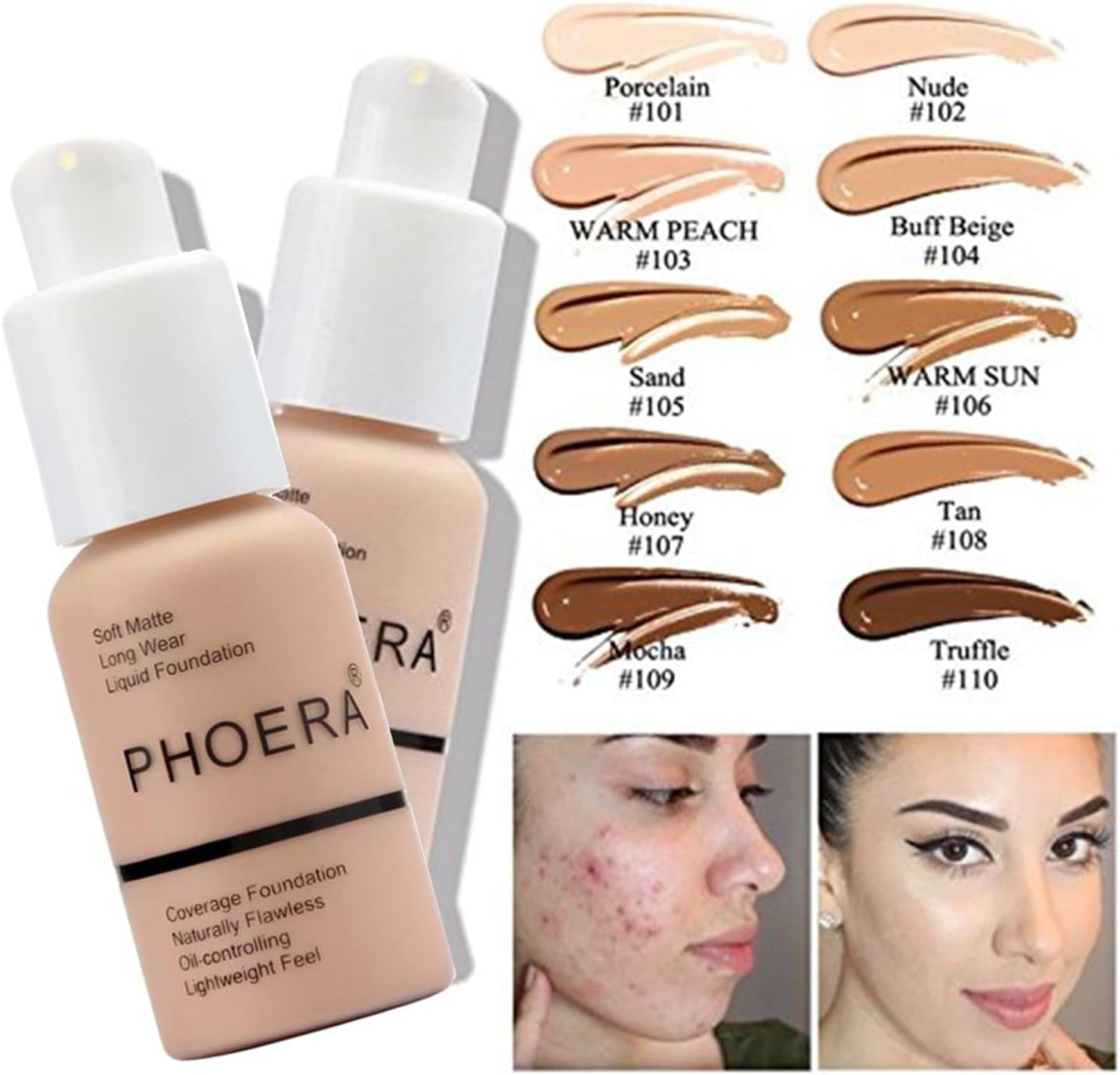 PHOERA Foundation & Contour Palette – Includes Foundation, Highlighter, Bronzer & Blush (104 + #002 Buff Beige)