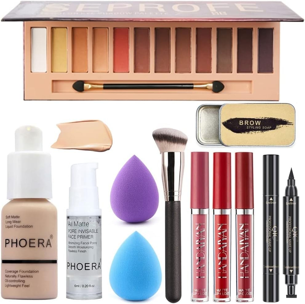 All-in-One Makeup Set – Eyeshadow, Foundation, Primer, Lipsticks, Eyebrow Kit & More (Set A)